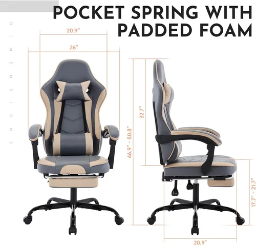 Miniatura 3 de Silla ergonómica de cuero para juegos con reposapiés, cómoda silla de juegos beige con cómodo reposacabezas y soporte lumbar para adultos, niños