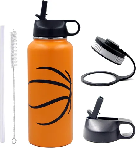 Miniatura 18 de Botella de agua de béisbol de 18 onzas, botella deportiva de boca ancha, vaso de viaje de metal con 2 tapas, botellas de agua aisladas al vacío