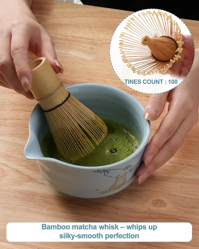 Miniatura 4 de Juego de batidor matcha, juego de kit matcha japonés de 7 piezas con cuenco matcha (chawan), batidor matcha y soporte, cuchara de bambú, Azul