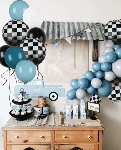 Miniatura 3 de Paquete de Globos de Coche de Carreras Globos a Cuadros Azules y Negros de Látex para Niños Un Feliz Primero, Segundo, Vintage, Dos, Rápidos, Un