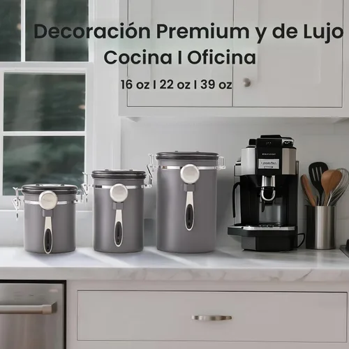 Miniatura 7 de Veken - Recipiente hermético para café de acero inoxidable, contenedor de almacenamiento de alimentos para la cocina con registro de fecha y cuchara