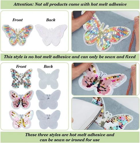 Miniatura 4 de FINGERINSPIRE 8 parches de bordado de mariposa de lentejuelas, 4 estilos, parches de apliques de mariposa para planchar o coser, parches de tela