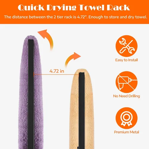 Miniatura 7 de Toalleros independientes de 2 niveles para toallas pequeños para baño, color negro mate, de acero inoxidable, toallero industrial para toallas