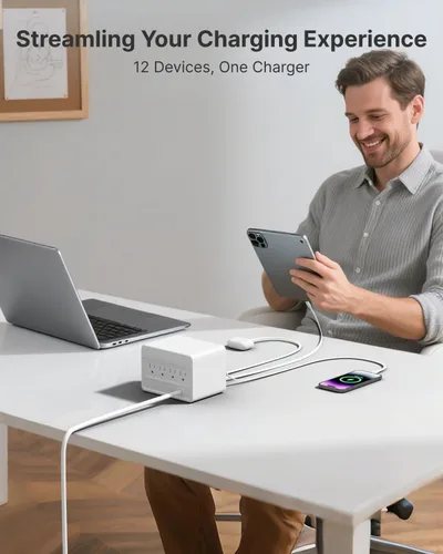 Miniatura 4 de Gitryin 12-in-1 Desktop Charging Station with 3 Retractable Type-C Charger Blocks, 1 Micro and 1 Lightning Charger, 4 USB C Ports, 160W Fast