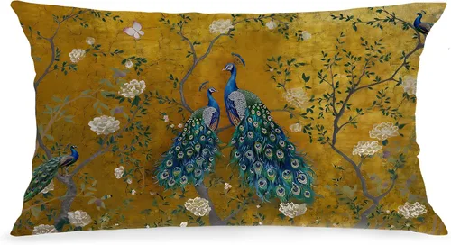Fundas de almohada vintage de pavo real chinoiserie dorado de 12 x 20 pulgadas, regalos de pavo real para mujeres, fundas de almohada decorativas