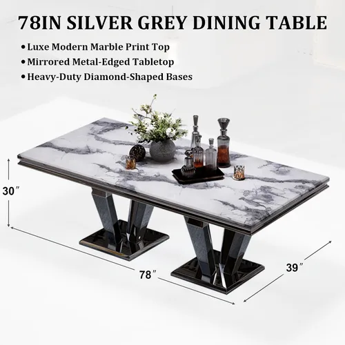 Miniatura 2 de ACEDÉCOR Mesa de comedor, mesa de comedor rectangular moderna de 78 pulgadas para 6-8 personas, parte superior de textura gris y base geométrica