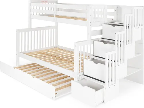 Miniatura 5 de Bedz King BK961-Honey-Trundle-p - Litera con cama nido individual, con 4 cajones en los peldaños Blanco