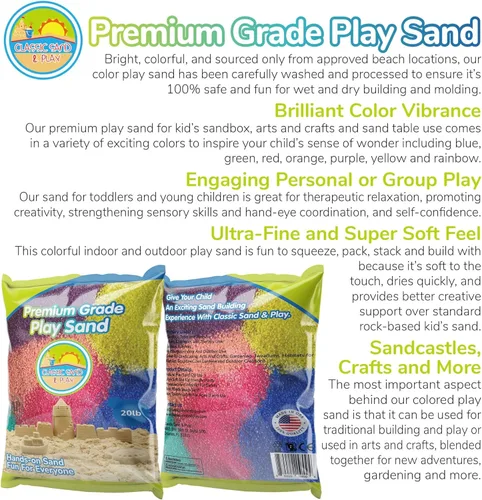Miniatura 2 de Arena clásica de juego de color arcoíris Sand and Play, bolsa de 20 libras, natural y no tóxica, divertida húmeda y seca en interiores y exteriores