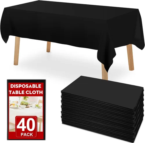 Miniatura 8 de RowinsyDD Paquete de 30 manteles de plástico negro desechables, 54 x 108 pulgadas, manteles de plástico para mesas rectangulares, mantel desechable