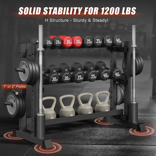 Miniatura 2 de Estante para mancuernas de 3 niveles, capacidad de 1200 libras, soporte de peso ajustable para gimnasio en casa, soporte de peso resistente