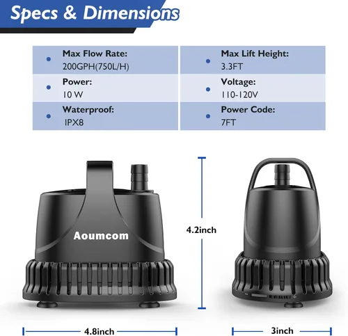 Miniatura 2 de Bomba de agua sumergible de 200 GPH, bomba de fuente de agua de 10 W, bomba de acuario, bomba de agua de 750 L/H con cable de alimentación de 7 pies