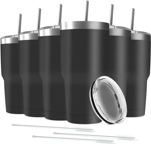 Taza de viaje de acero inoxidable de 30 onzas con tapa, paquete de 6 vasos de doble pared aislados al vacío a granel con 6 pajitas, taza de café con