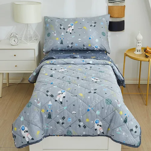 Miniatura 6 de Brandream Juego de ropa de cama de 4 piezas para niños y niñas con cohete espacial y galaxia, incluye edredón, sábana encimera, sábanas bajeras