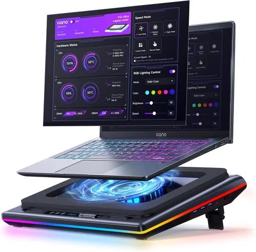 llano V12 Ultra - Almohadilla de refrigeración para laptop con control de software inteligente, soporte para ventilador de laptop RGB para juegos,