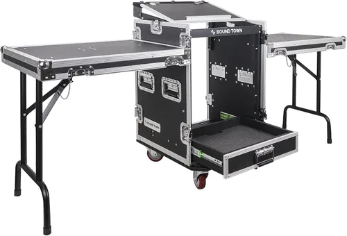 Miniatura 11 de Sound Town 14U PA DJ Caja de rack/ruta ATA para audio profesional con cajón de 2U, parte superior inclinada de mezclador de 11U, mesa de trabajo