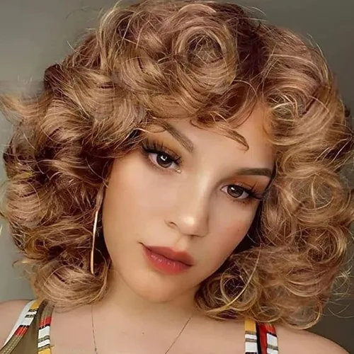 Miniatura 8 de Auburn - Pelucas rizadas para mujeres negras, peluca corta con flequillo, pelucas rizadas suaves y sueltas para mujeres, fibra sintética, cabello