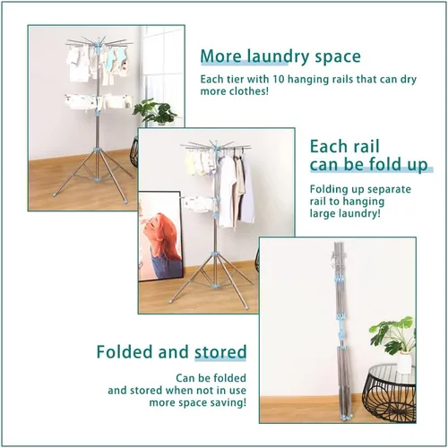 Miniatura 4 de Hershii Estante de secado de ropa plegable de 2 niveles para interiores y exteriores, soporte plegable para colgar ropa, ahorro de espacio