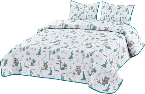 De Leon Collections Juego de ropa de cama con 2 fundas de almohada, tamaño King, poliéster, desierto de Saguaro Azul/Blanco/Bronceado