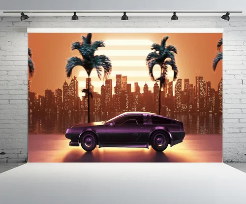 Miniatura 2 de 9x6ft Cyberpunk Car Backdrop Retro Futuristic Cyber City Skyscraper Tropical Tree Punk Racing Car Background Comic Game Racer Punk Birthday Party