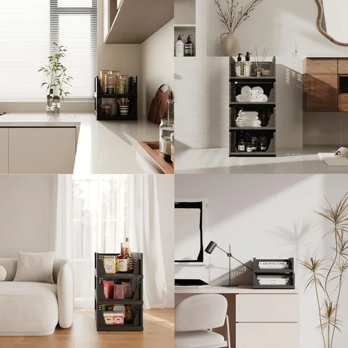 Miniatura 6 de Pinkpum Paquete de 5 organizadores plegables de armario, cesta de plástico apilable para ropa, contenedor de almacenamiento de estantes para Negro