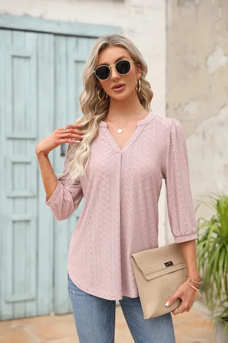 Miniatura 2 de Blusas de manga 34 para mujer, con ojales, estilo casual, cuello en V