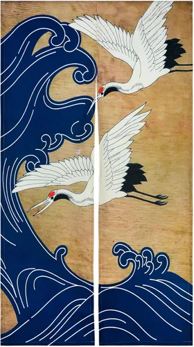 LIGICKY Cortina de puerta Noren japonesa retro de lino blanco con estampado de ondas azules, tratamiento de ventana asiática, tapiz de puerta