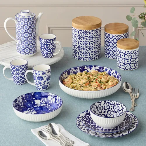 Miniatura 5 de Madison - Juego de 6 tazas de porcelana prémium de 14 onzas, patrones vibrantes azules y blancos para café, té, lattes y cacao caliente