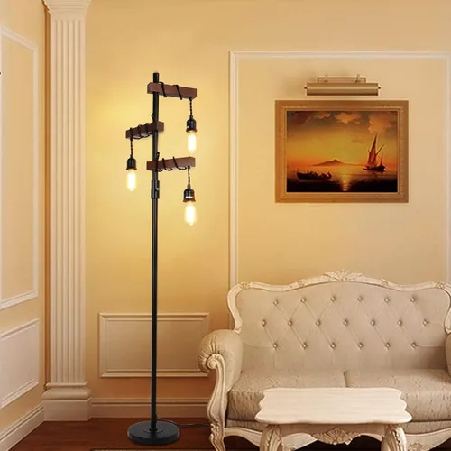 Miniatura 7 de Lámpara de pie industrial regulable, lámpara de pie de árbol de granja, lámpara de pie de madera de 68 pulgadas, 3 luces, base resistente, luz