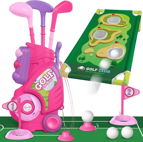 Liberry Juego de golf para niños de 2, 3 y 4 años, carrito de golf mejorado para niños con tabla de golf y tapete de golf, juguetes de golf para Rosa