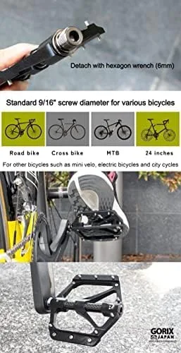 Miniatura 6 de GORIX Pedales planos de bicicleta CNC ancho 3 cojinetes tubo central de fibra de carbono ligero con pin antideslizante Spike Road Mountain MTB