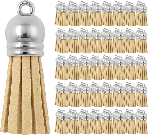 Miniatura 118 de Mandala Crafts 100 borlas de gamuza sintética color aguamarina con tapa dorada, suministros para hacer llaveros a granel, pequeñas borlas de cuero