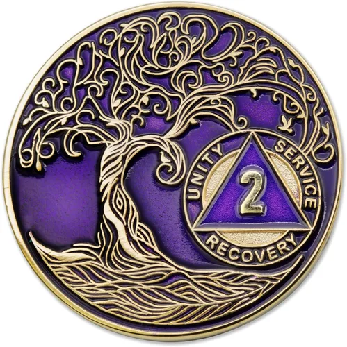 Miniatura 34 de 20 Year Sobriety Mint Twisted Tree of Life - Medallón de recuperación AA chapado en oro, fichas y fichas, color negro