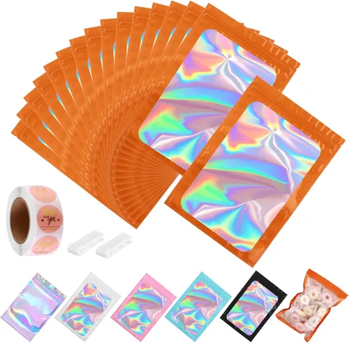 Miniatura 18 de Paquete de 150 bolsas holográficas de Mylar de 5 x 8 pulgadas con ventana transparente, pequeñas bolsas de papel de aluminio resellables