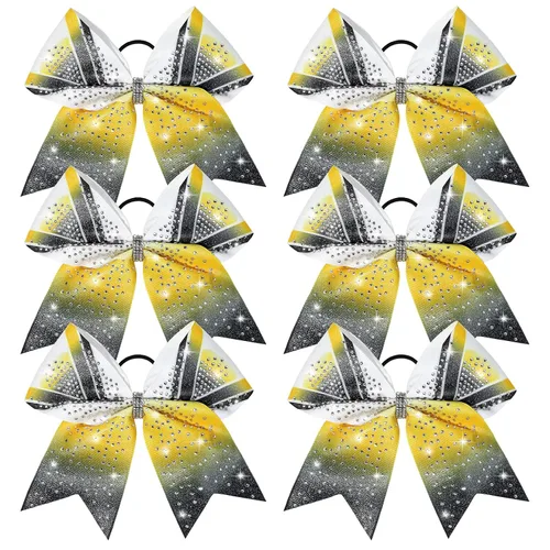 Miniatura 10 de DEEKA 6 lazos grandes de animadora con purpurina de 8 pulgadas con diamantes de imitación completos, lazos para el pelo de animadora coloridos Plata