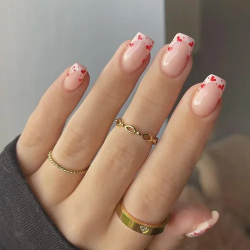 Miniatura 23 de Uñas postizas a presión para San Valentín, uñas postizas cortas cuadradas MABKJLF nude con diseños de labios, cobertura completa, pegamento
