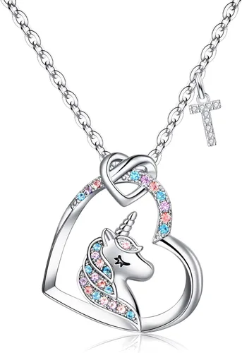 STORUP Regalos de unicornios para niñas, chapado en oro de 14 quilates, oro blanco, oro rosa, colorido colgante de corazón de circonita cúbica,