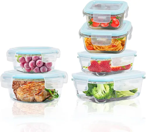Recipientes de vidrio para almacenar alimentos con tapas herméticas, paquete de 6 recipientes de vidrio súper a prueba de fugas con tapas, no se