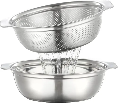 Miniatura 10 de Colador de acero inoxidable para cocina de 2 cuartos de galón, colador microporoso con tazón para mezclar, colador de arroz para lavar verduras
