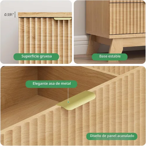 Miniatura 6 de Cómoda acanalada para dormitorio con 6 cajones, cajonera moderna de 46 pulgadas de alto con mango de metal, soporte de TV de cómoda de madera, Roble