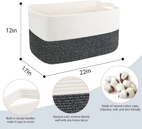 Miniatura 2 de MEGASKET Cestas de almacenamiento extra grandes, cestas negras de 22 x 17 x 12 pulgadas para organizar, cesta tejida rectangular para mantas