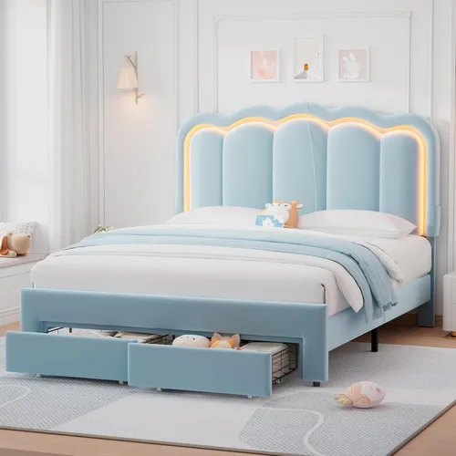 Miniatura 13 de Base de cama LED tapizada tamaño matrimonial con 2 cajones de almacenamiento y cabecera doble ondulada ajustable, cama de plataforma de terciopelo