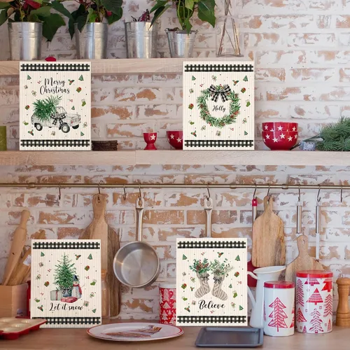 Miniatura 7 de Yinder 6 Piezas Paños de Cocina Suecos de Navidad para Mesa Paños de Platos Reutilizables de Navidad Paños de Limpieza Absorbentes de Secado Rápido
