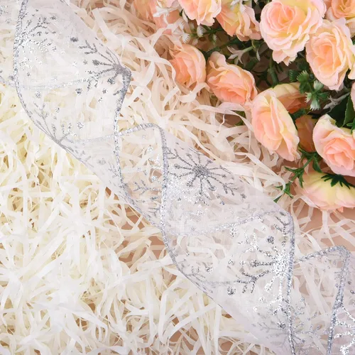Miniatura 3 de Cinta con alambre de 2.5 pulgadas de Navidad con copo de nieve, cinta de organza con purpurina para árbol de Navidad, corona, decoración de fiesta