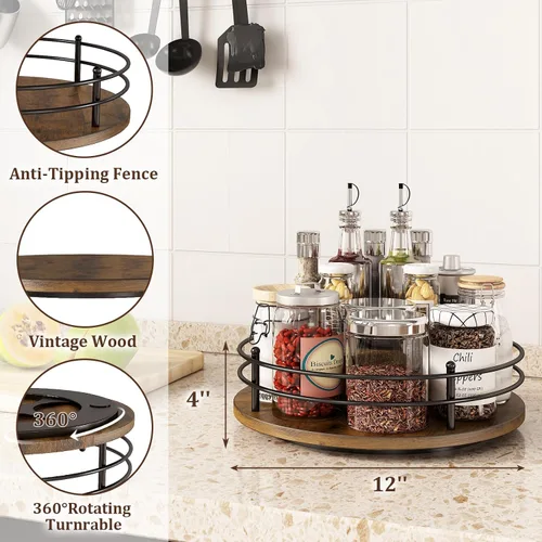 Miniatura 3 de Lazy Susan - Organizador giratorio de 12 pulgadas, organizador redondo de madera Lazy Susan y estante giratorio para especias para mesa de comedor