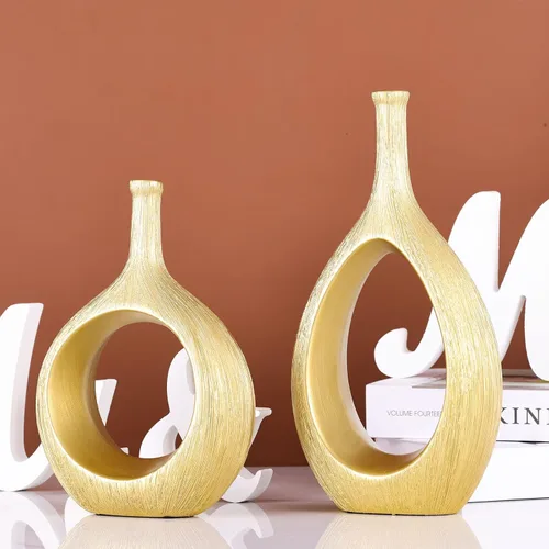 Miniatura 5 de Juego de 2 jarrones de cerámica dorados cepillados, modernos, huecos, circulares con agujero, para flores, para decoración del hogar, para centros