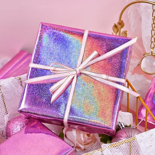 Miniatura 7 de Homeral Rollo de papel de regalo rosa holográfico con galaxia rosa brillante para cumpleaños, baby shower, despedida de soltera, boda, día