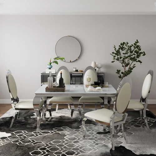 Miniatura 6 de Asday Sillas de comedor blancas y plateadas, sillas de comedor de piel sintética blanca con magnífica parte trasera ovalada y patas de acero