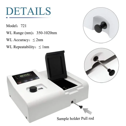 Miniatura 5 de CGOLDENWALL Analizador de luz de laboratorio visible del espectrómetro 721 del espectrómetro Longitud de onda: ancho de banda espectral 350-1020nm