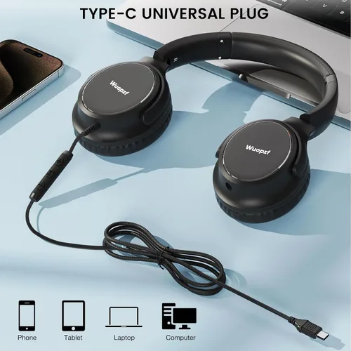 Miniatura 6 de Auriculares con cable USB C sobre la oreja con micrófono, control de volumen, puerto compartido y diadema ajustable, auriculares estéreo plegables