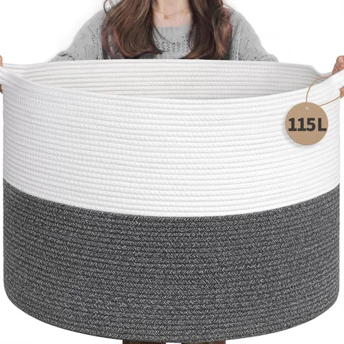 Miniatura 14 de INDRESSME Cesta de Cuerda de Algodón XXXLarge 21.7" x 21.7" x 13.8" Cestas Tejidas para Ropa de Bebé Cestas de Mantas Cesta de Juguetes con Textura